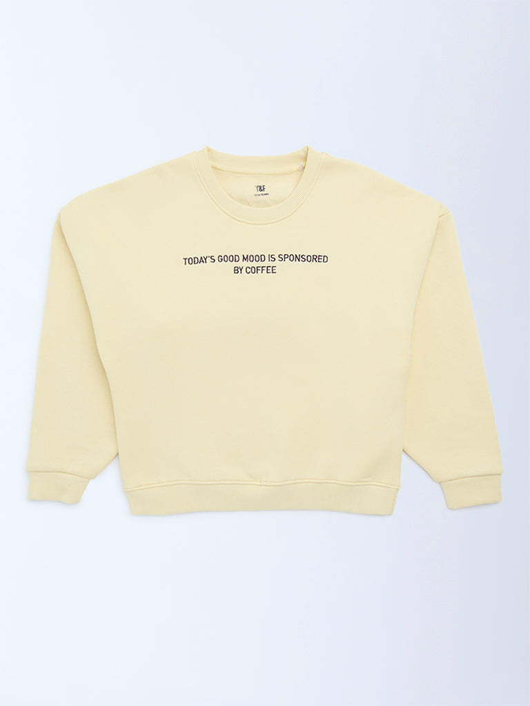 Y&F Kids Girls Yellow Typographic Cotton Sweatshirt