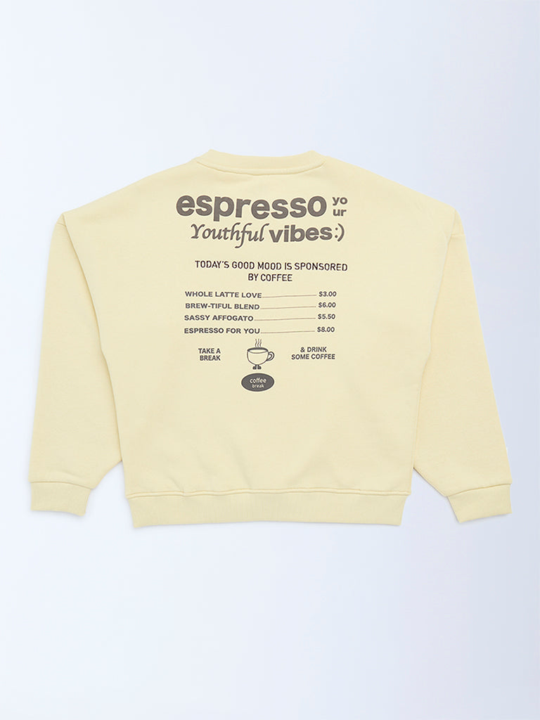 Y&F Kids Girls Yellow Typographic Cotton Sweatshirt