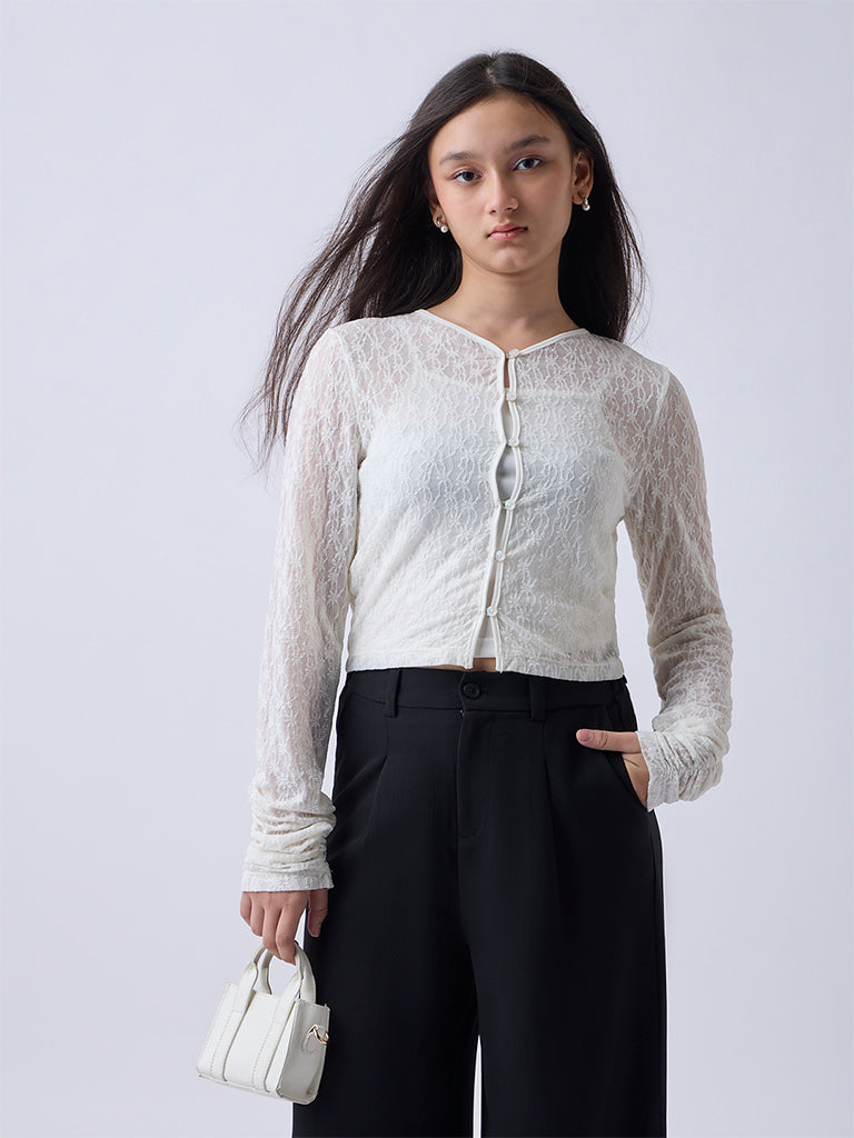 Y&F Kids Girls Ivory Floral Lace Top