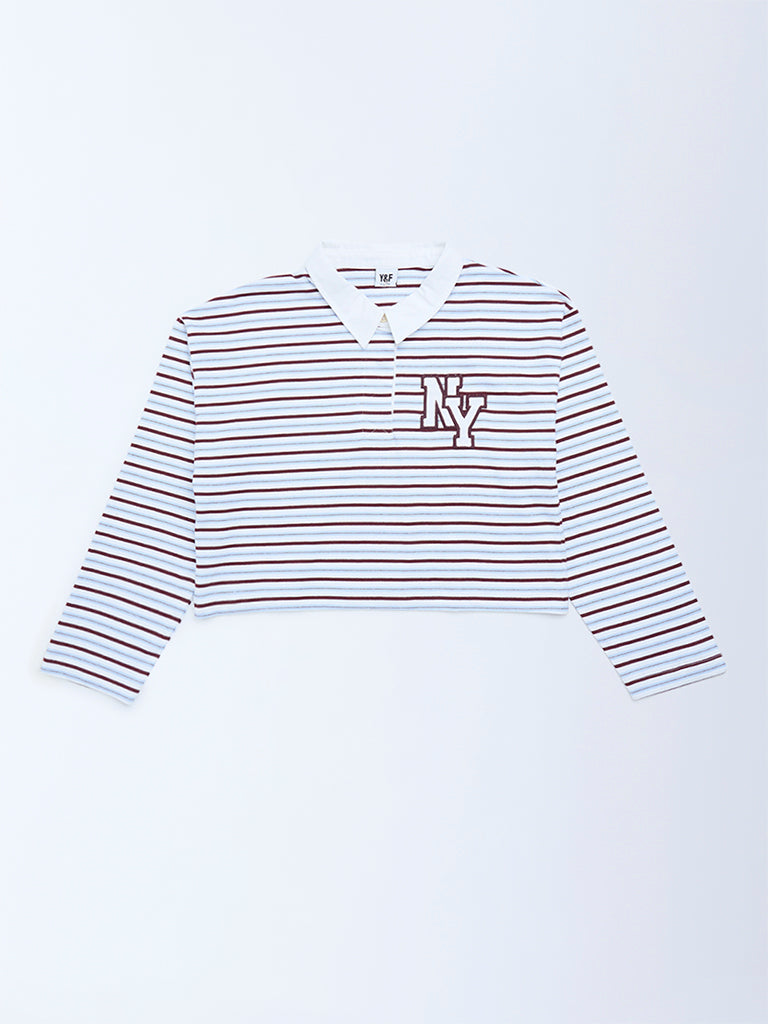 Y&F Kids Girls Brown Striped Cotton Polo T-Shirt