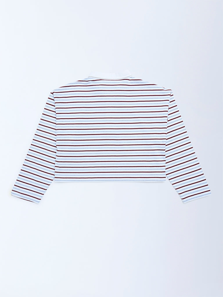 Y&F Kids Girls Brown Striped Cotton Polo T-Shirt