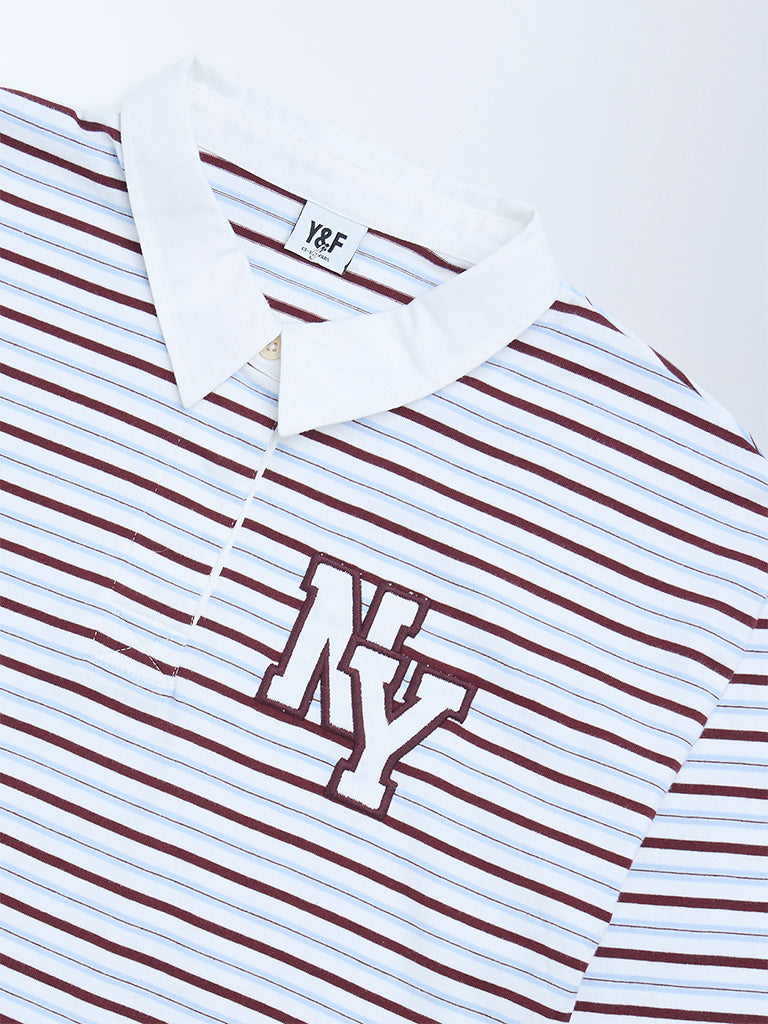 Y&F Kids Girls Brown Striped Cotton Polo T-Shirt
