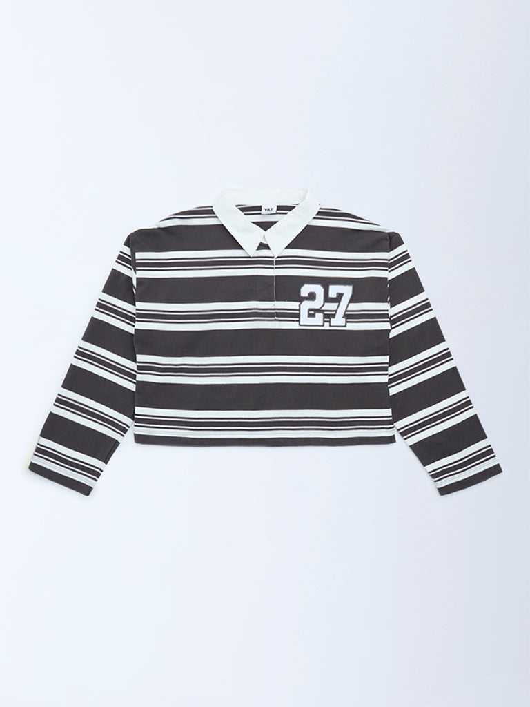 Y&F Kids Girls Charcoal Striped Cotton Polo T-Shirt