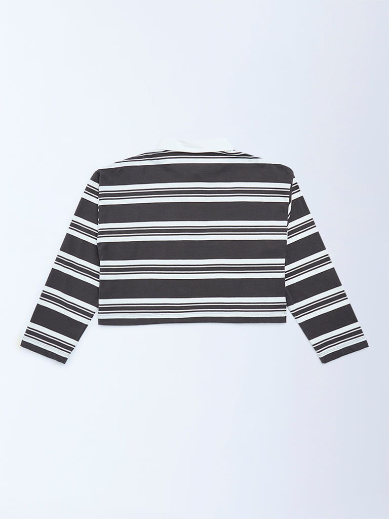 Y&F Kids Girls Charcoal Striped Cotton Polo T-Shirt