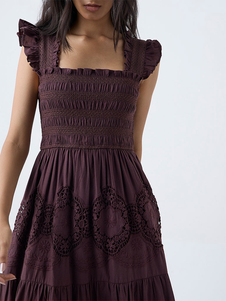 LOV Dark Brown Crochet-Detailed Cotton Tiered Dress