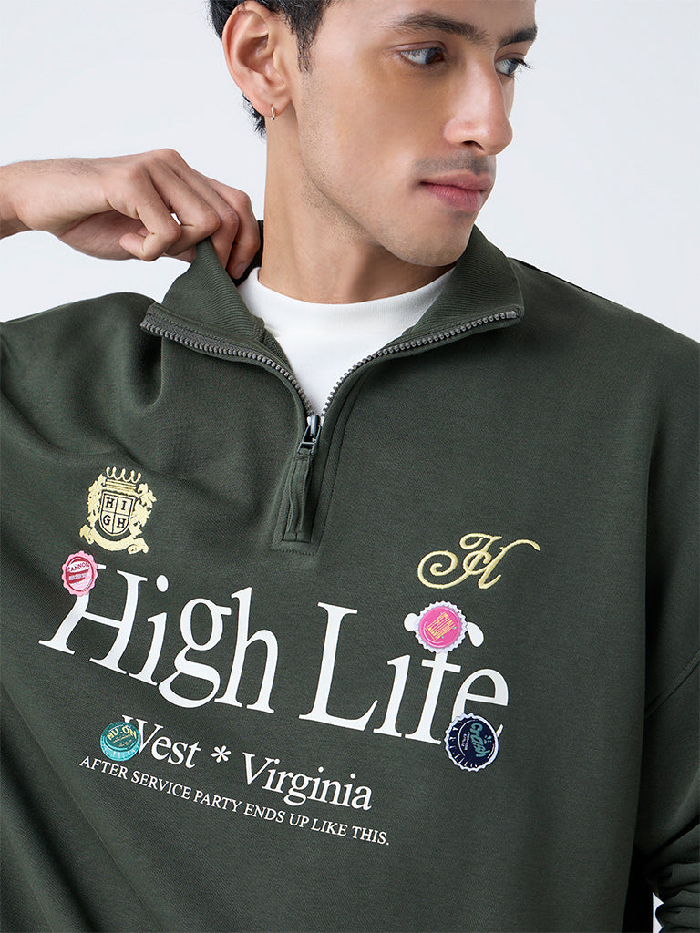 Nuon Dark Olive Relaxed-Fit Cotton-Blend Quarter-Zip Sweatshirt