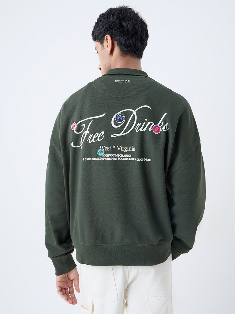Nuon Dark Olive Relaxed-Fit Cotton-Blend Quarter-Zip Sweatshirt