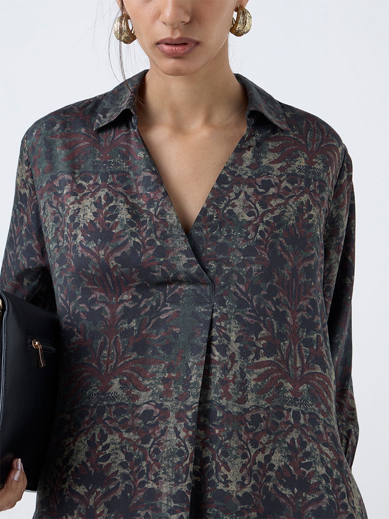 Zuba Dark Green Bagru Printed A-Line Kurta