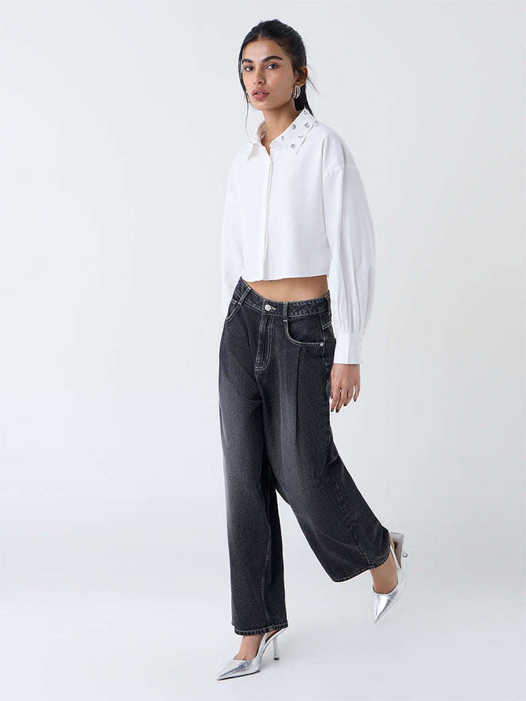 Nuon White Embellished Cotton Shirt