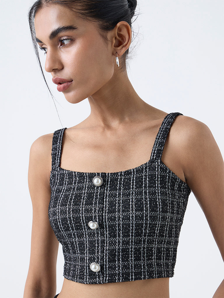 Nuon Black Checkered Tweed Top