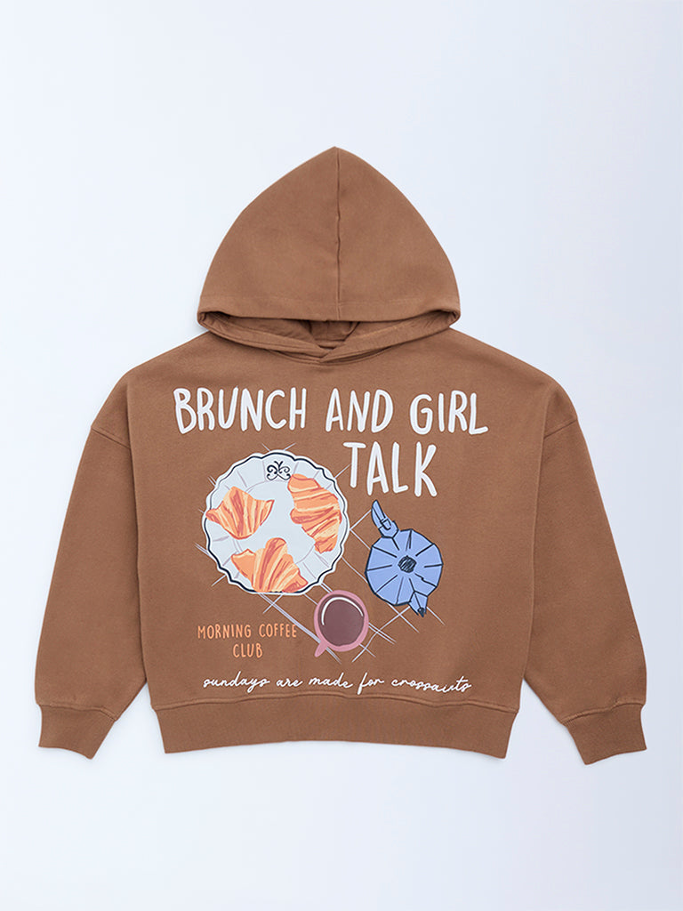 Y&F Kids Girls Brown Printed Cotton-Blend Hoodie