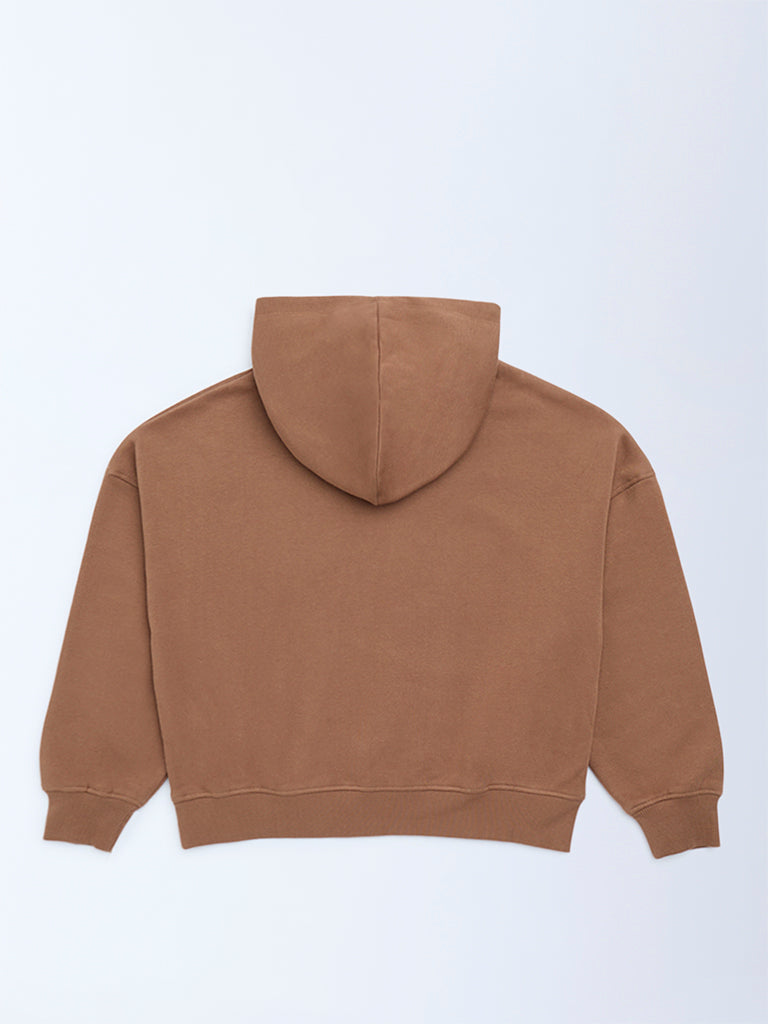 Y&F Kids Girls Brown Printed Cotton-Blend Hoodie
