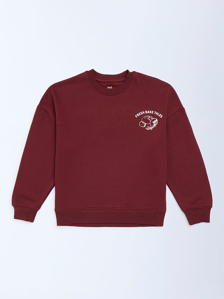 Y&F Kids Girls Burgundy Printed Cotton-Blend Sweatshirt