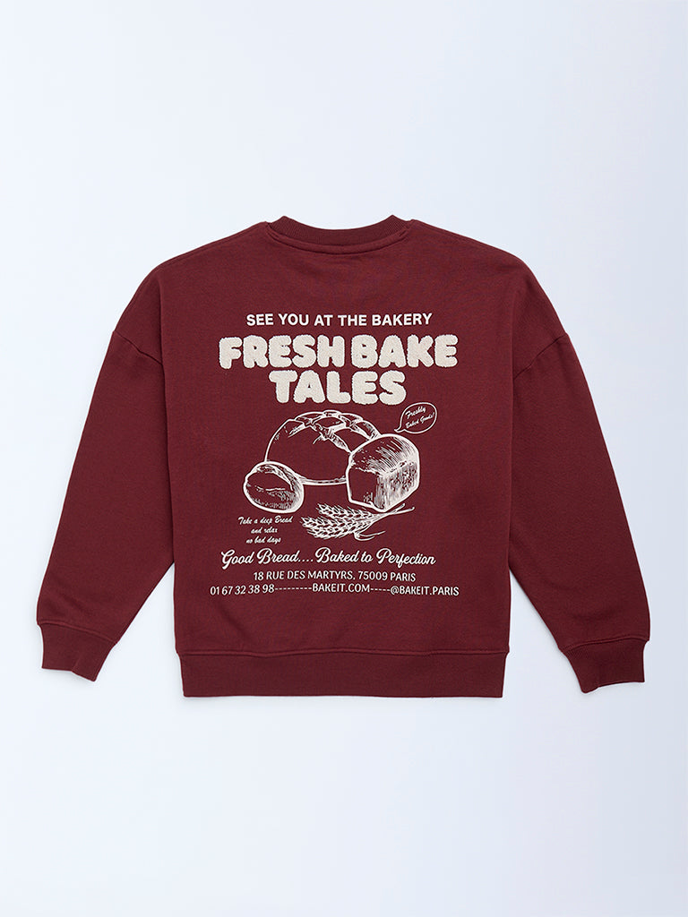 Y&F Kids Girls Burgundy Printed Cotton-Blend Sweatshirt