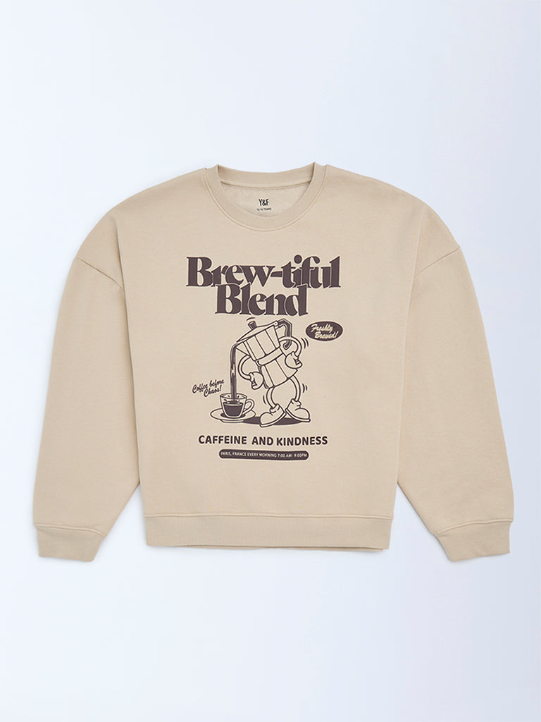 Y&F Kids Girls Beige Printed Sweatshirt