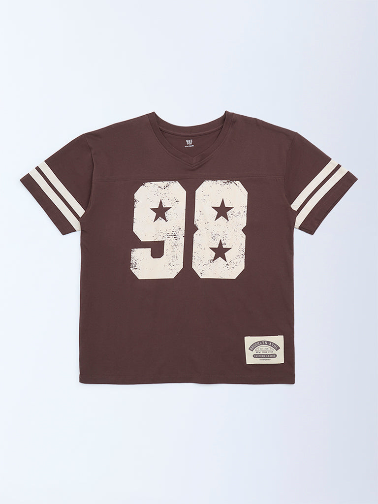 Y&F Kids Girls Brown Printed Cotton T-Shirt