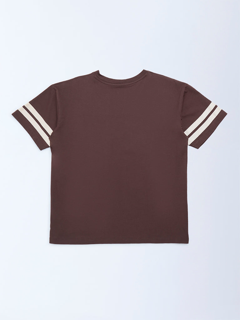 Y&F Kids Girls Brown Printed Cotton T-Shirt