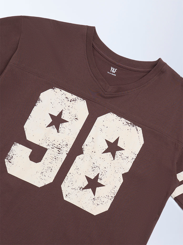 Y&F Kids Girls Brown Printed Cotton T-Shirt