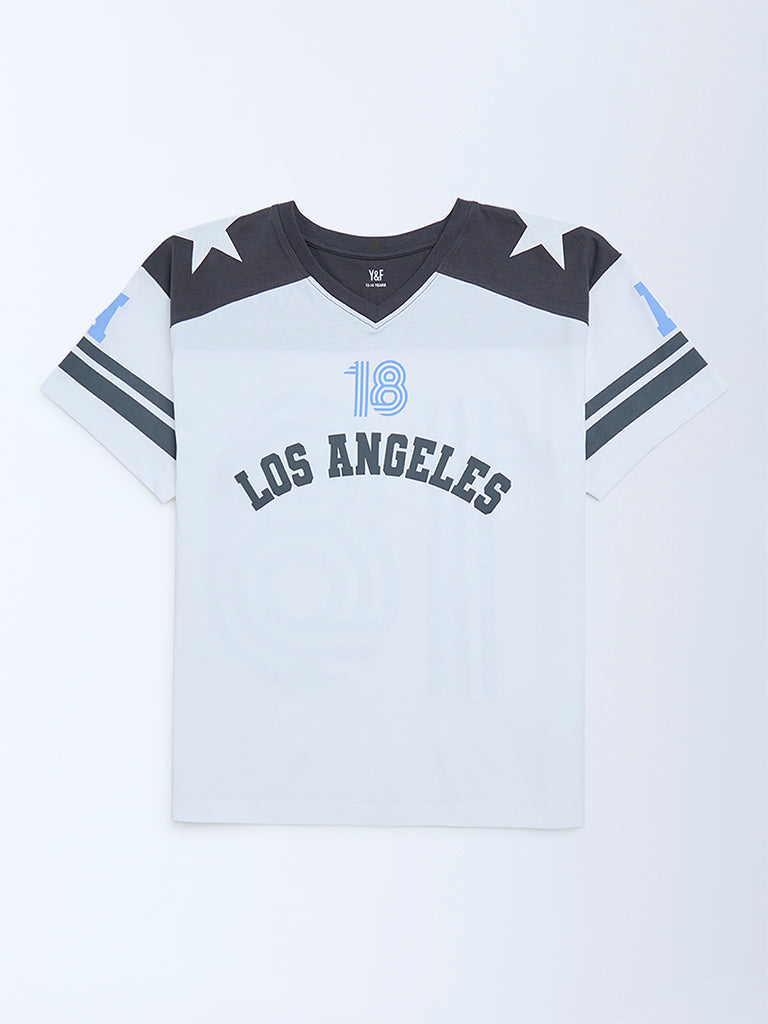 Y&F Kids Girls White Colour-Blocked Cotton T-Shirt