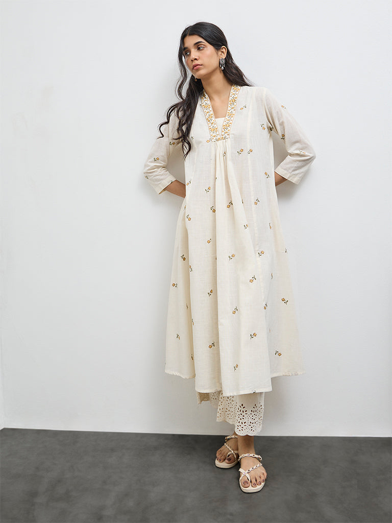 Utsa Off-White Floral Embroidered Cotton A-Line Kurta