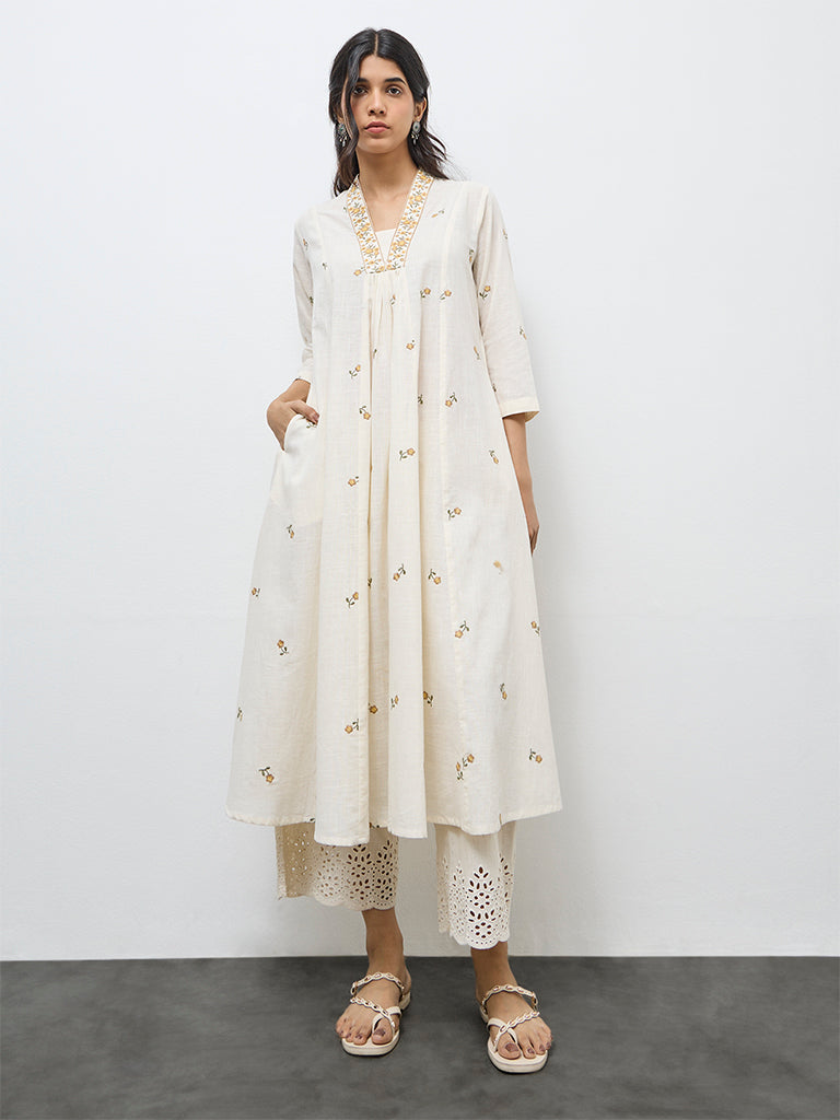 Utsa Off-White Floral Embroidered Cotton A-Line Kurta
