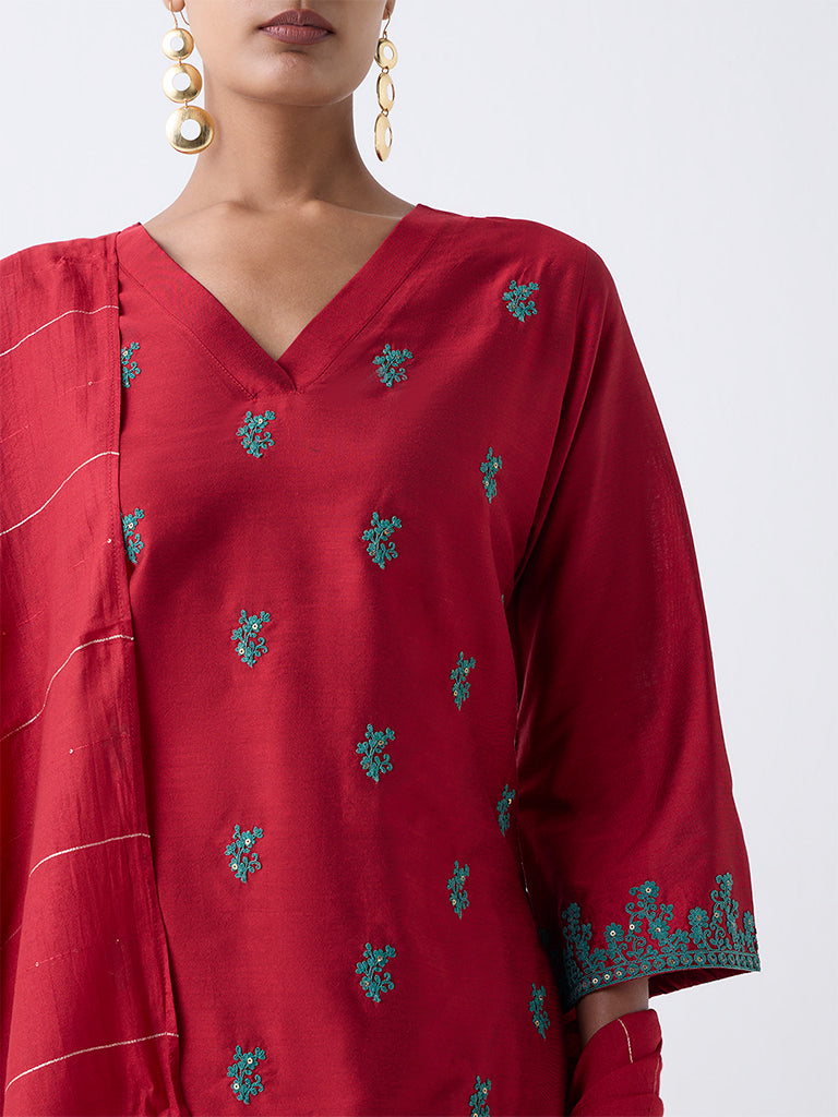 Vark Red Floral Embroidered A-Line Ethnic Set