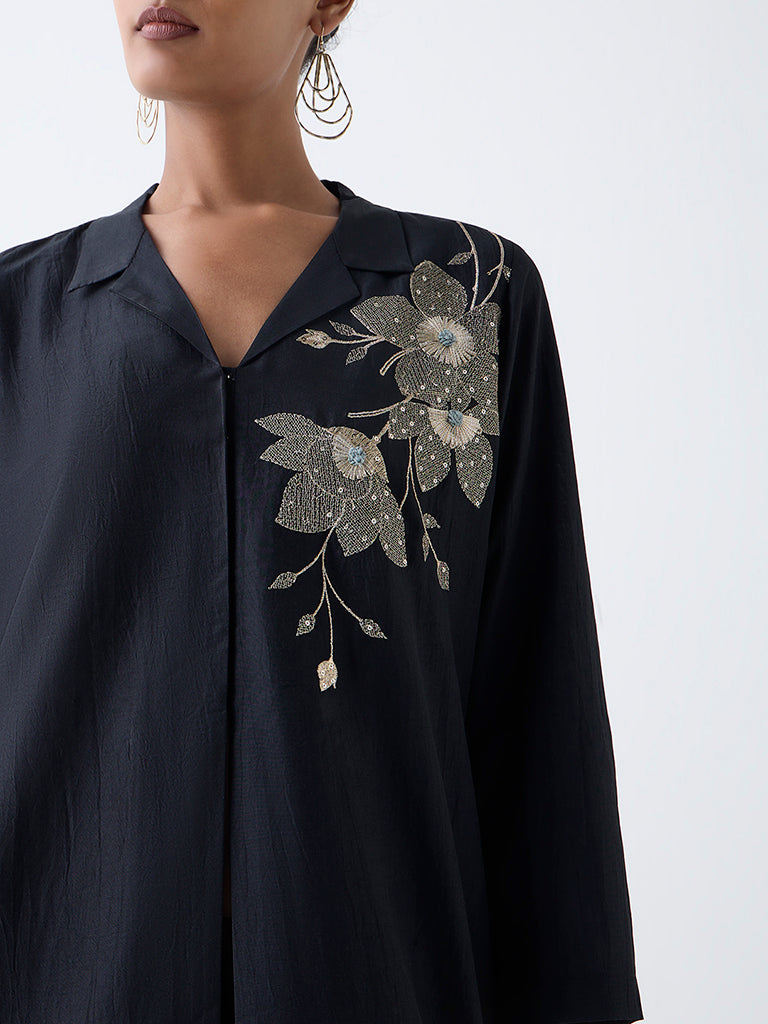 Vark Black Floral Embellished A-Line Ethnic Set