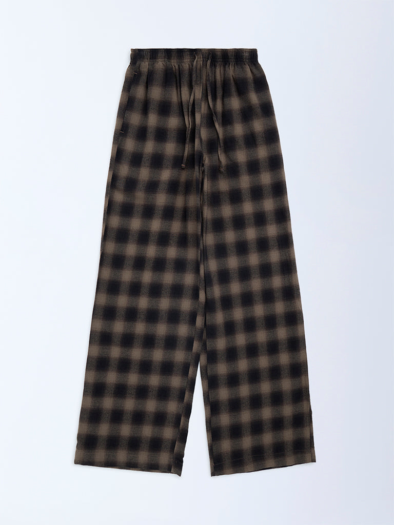 Y&F Kids Girls Brown Checks Pattern Mid-Rise Cotton Trousers