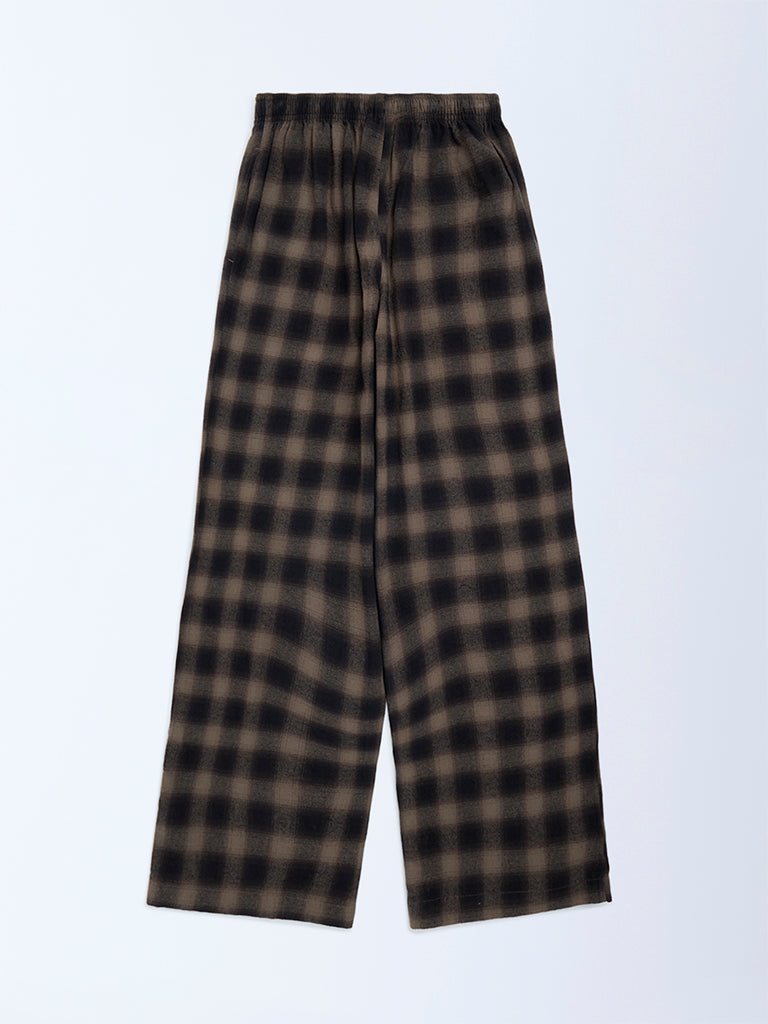 Y&F Kids Girls Brown Checks Pattern Mid-Rise Cotton Trousers