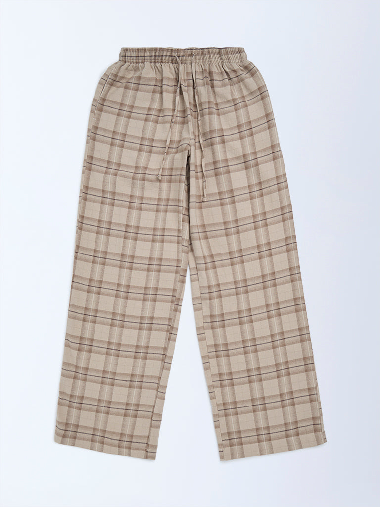 Y&F Kids Girls Beige Check Pattern High-Rise Cotton Pyjamas