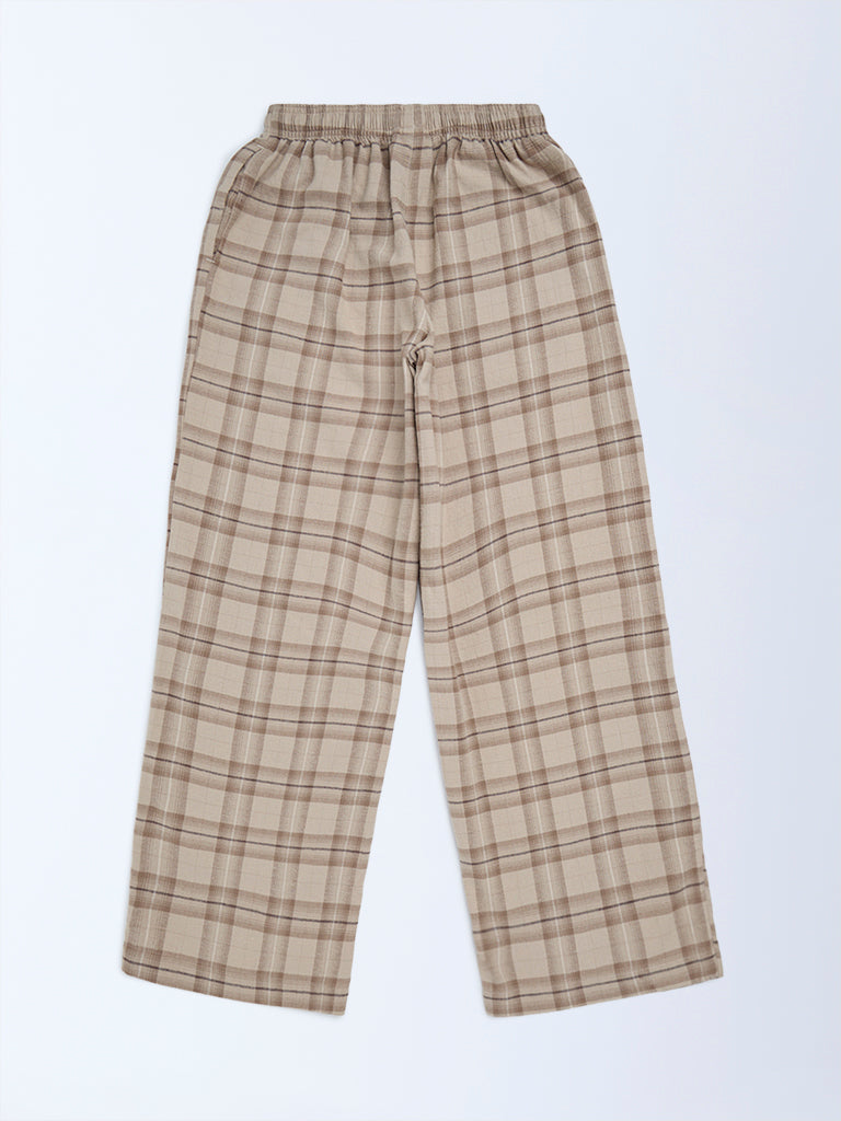 Y&F Kids Girls Beige Check Pattern High-Rise Cotton Pyjamas