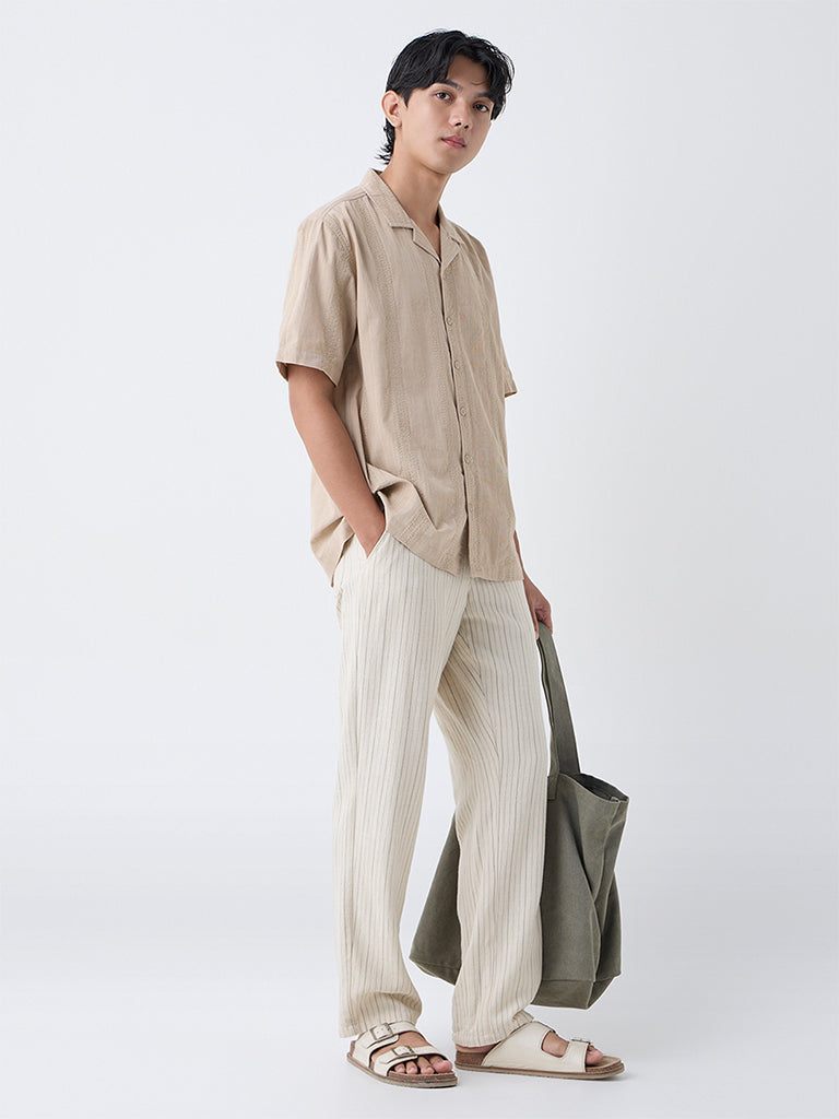 ETA Light Beige Embroidered Relaxed-Fit Cotton Shirt