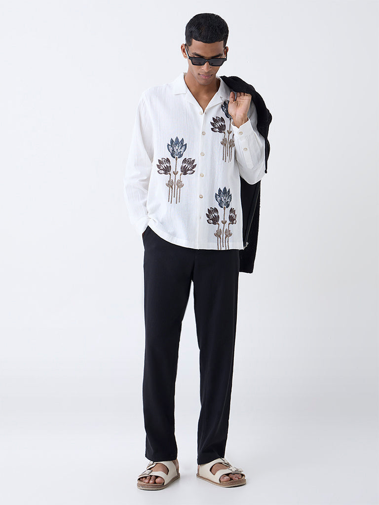 ETA White Floral Embroidered Relaxed-Fit Cotton Shirt