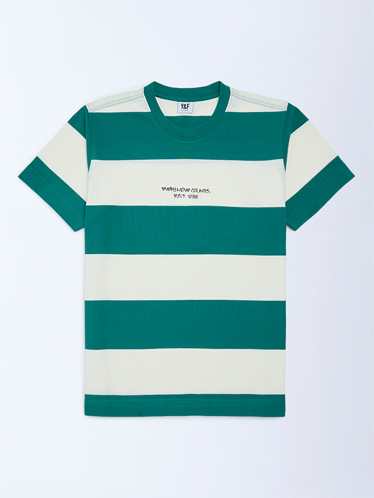 Y&F Kids Boys Green Striped Cotton-Blend T-Shirt