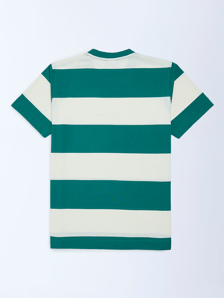 Y&F Kids Boys Green Striped Cotton-Blend T-Shirt