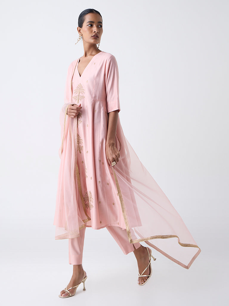 Vark Pink Embroidered Fit-and-Flare Ethnic Set