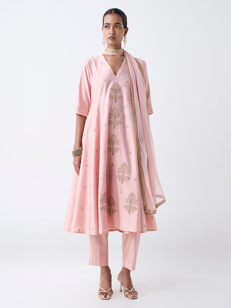 Vark Pink Embroidered Fit-and-Flare Ethnic Set