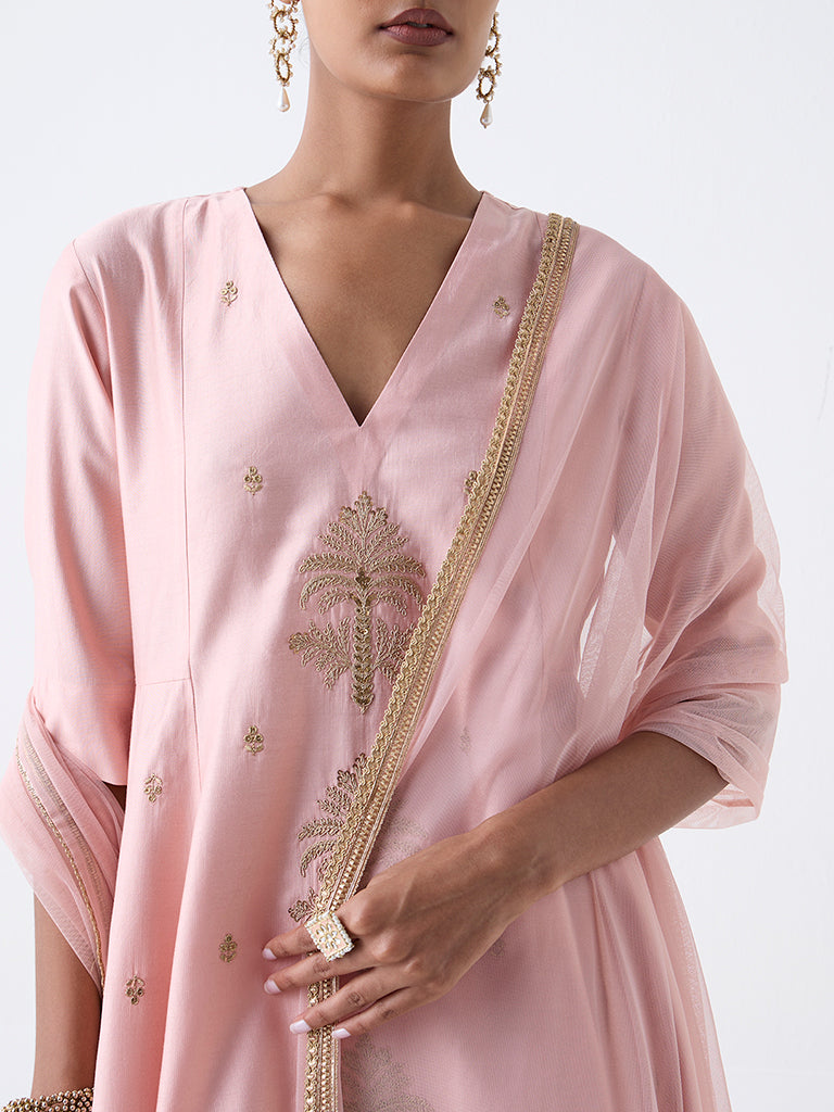 Vark Pink Embroidered Fit-and-Flare Ethnic Set