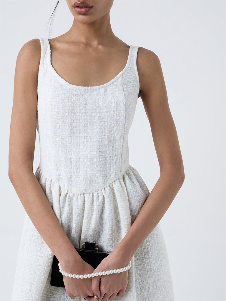 Nuon White Textured A-Line Cotton Dress