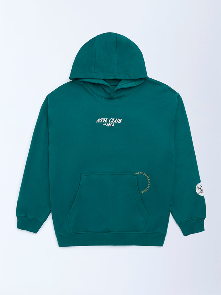 Y&F Kids Boys Teal Text Printed Cotton Hoodie