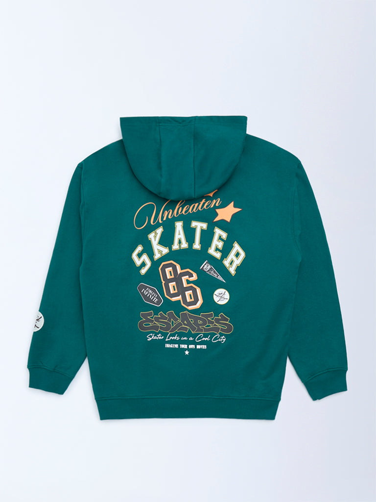 Y&F Kids Boys Teal Text Printed Cotton Hoodie