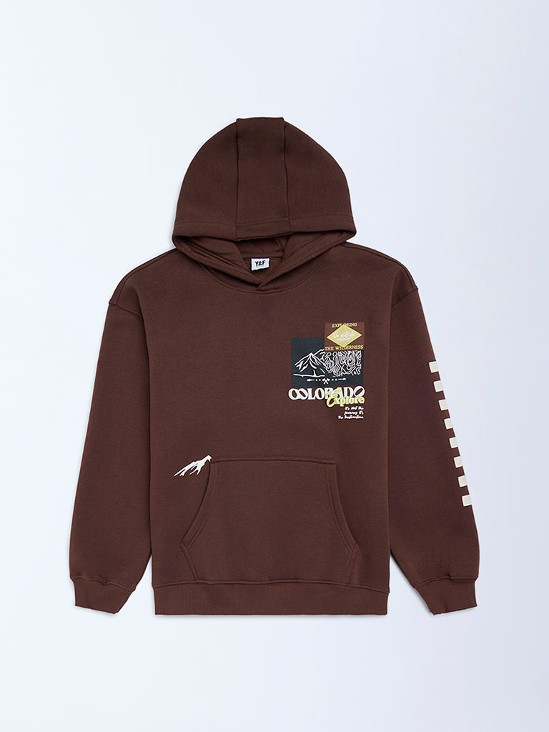 Y&F Kids Boys Dark Brown Printed Cotton-Blend Hoodie