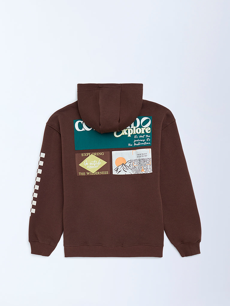 Y&F Kids Boys Dark Brown Printed Cotton-Blend Hoodie