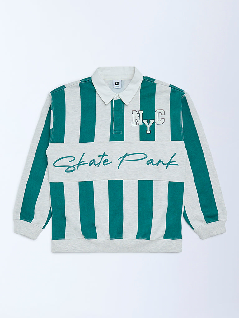 Y&F Kids Boys Green Striped Cotton-Blend Sweatshirt