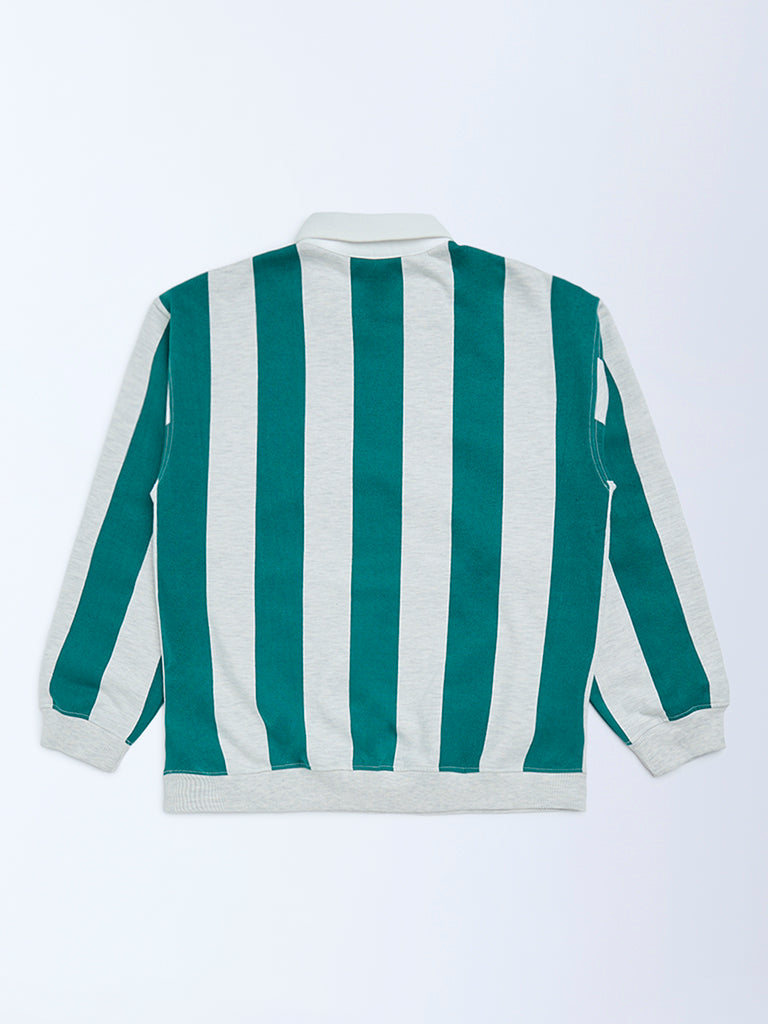 Y&F Kids Boys Green Striped Cotton-Blend Sweatshirt