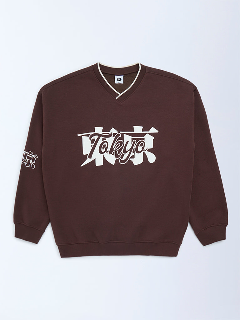 Y&F Kids Boys Brown Typographic Cotton-Blend Sweatshirt