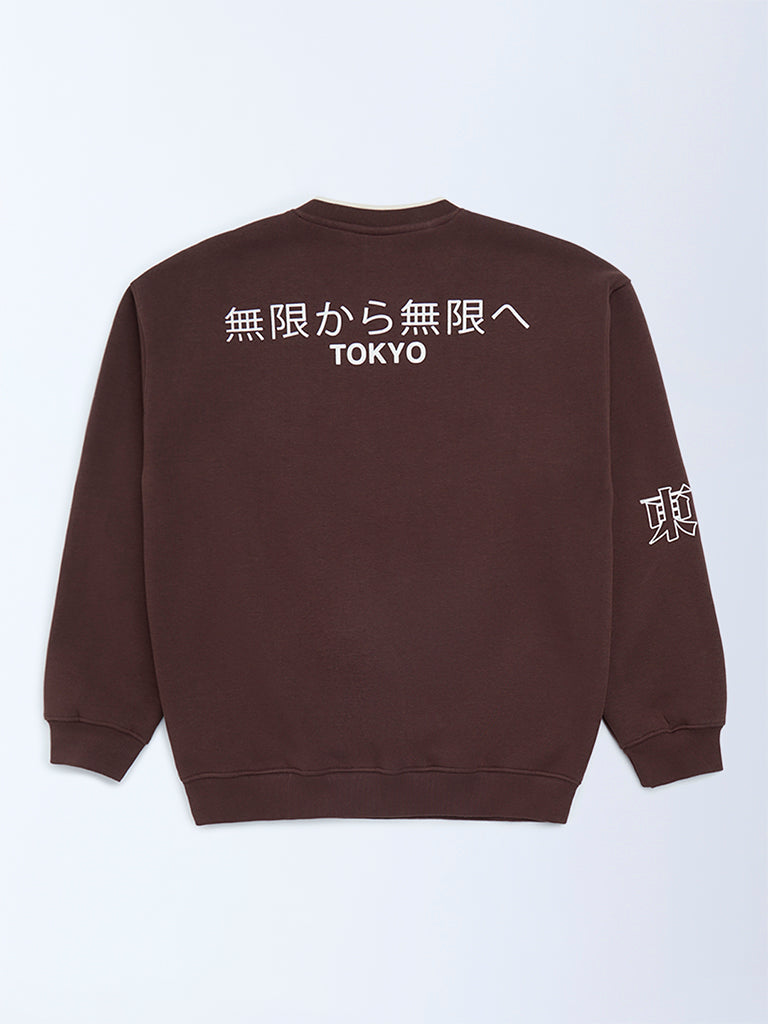Y&F Kids Boys Brown Typographic Cotton-Blend Sweatshirt