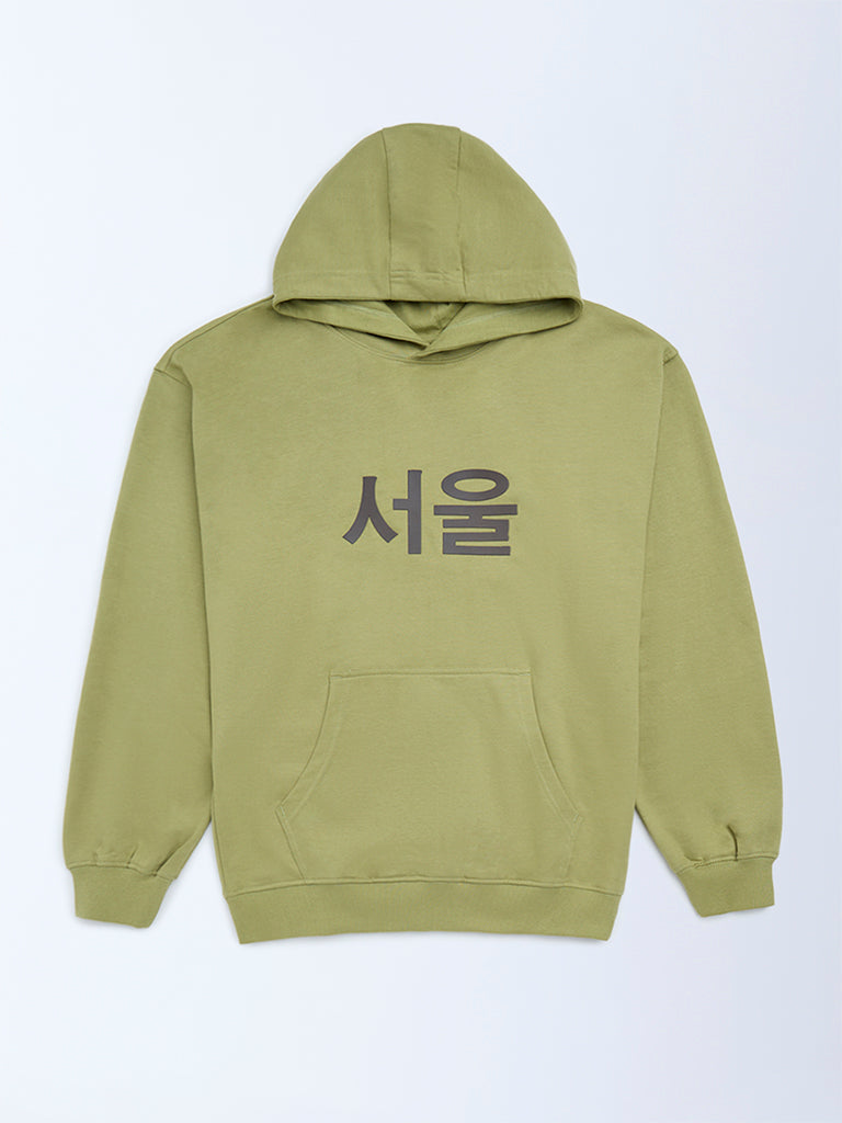 Y&F Kids Boys Olive Anime-Inspired Cotton Hoodie