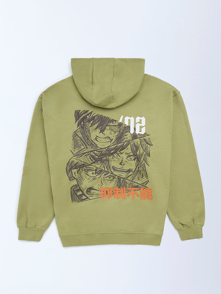 Y&F Kids Boys Olive Anime-Inspired Cotton Hoodie