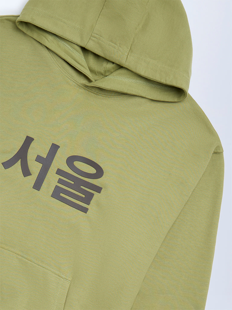 Y&F Kids Boys Olive Anime-Inspired Cotton Hoodie